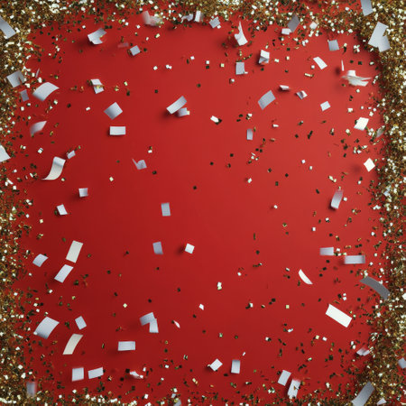 Colorful pieces of confetti scatter across a bright red background, creating a vibrant atmosphere. Perfect for festive occasions, this arrangement invites celebration and joy.の素材
