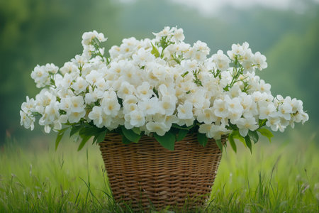 A wicker basket filled with lush white hydrangeas and vibrant green foliage is placed on a wooden table in a sunny indoor environment, creating a fresh and inviting atmosphere.の素材