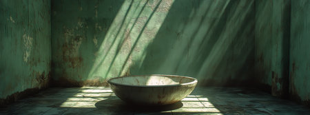 A large round basin made of stone rests in a sunny area of a green-walled room. Sunlight streams in, creating dramatic shadows on the floor, highlighting the basins rough surface.の素材