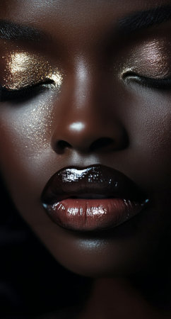 A close-up view of a young woman with her eyes closed, showing radiant skin and bold red lips. Soft lighting creates an elegant shadow play that emphasizes her graceful contours.の素材