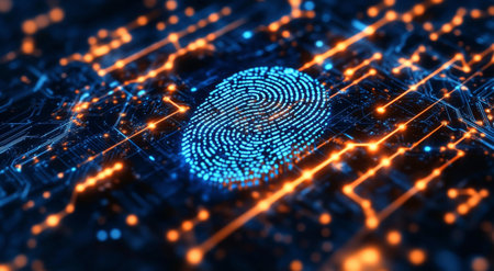 Glowing fingerprint pattern surrounded by vibrant data particles and circuits represents advancements in biometric security technology and digital identity verification in a modern context.の素材