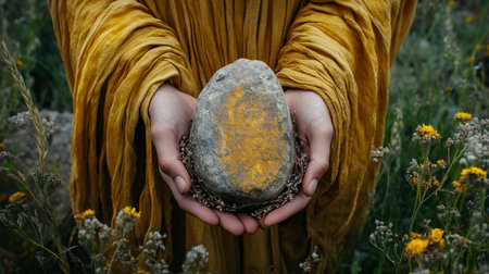 A person draped in a golden robe holds a smooth stone nestled in a nest of dried yellow flowers. The background features tall grass and soft hues of twilight, creating a tranquil atmosphere.の素材