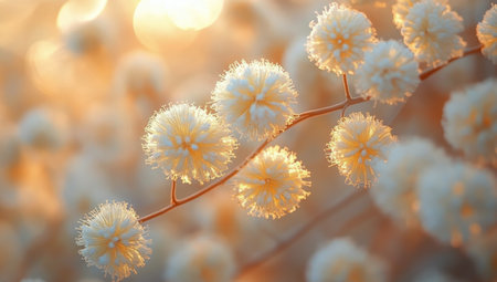 Soft white flowers glow in the warm light of evening, creating a peaceful atmosphere in a tranquil outdoor environment filled with natures beauty.の素材