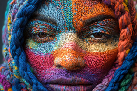 Close-up view of a person adorned with vivid colors covering the face and a matching hood, highlighting creative textile work and artistic expression in a unique cultural style.の素材