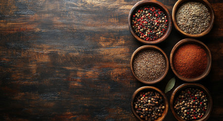 Various bowls filled with colorful spices and fragrant herbs are arranged neatly on a rustic wooden table, creating an inviting ambiance for cooking or culinary exploration.の素材