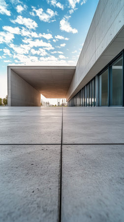Stairs lead up to a striking modern structure featuring geometric shapes and smooth surfaces, set against a backdrop of clear blue skies and greenery.の素材