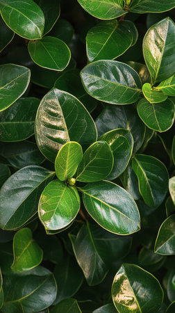Lush green leaves fill the frame, highlighting their rich colors and varying shades that create a beautiful tapestry of nature in a tranquil setting.の素材