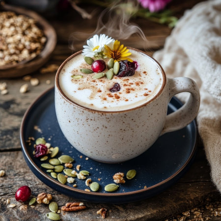 Creamy hot drink garnished with granola, cranberries, and seeds sits on a dark plate, surrounded by scattered oats on a wooden table, creating a warm morning atmosphere.の素材