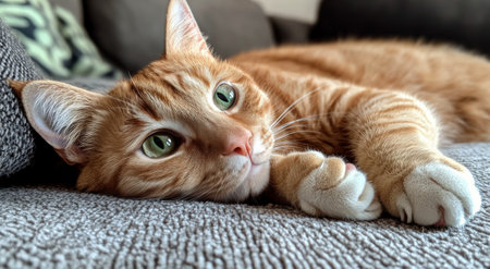 An orange tabby cat rests on a soft couch, showing off its green eyes and bushy tail while enjoying a peaceful afternoon in a warm, inviting living space.の素材