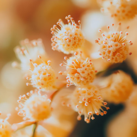Delicate yellow flowers bloom with intricate details, capturing the essence of nature. The soft lighting highlights their vibrant colors and textures, creating a serene atmosphere.の素材