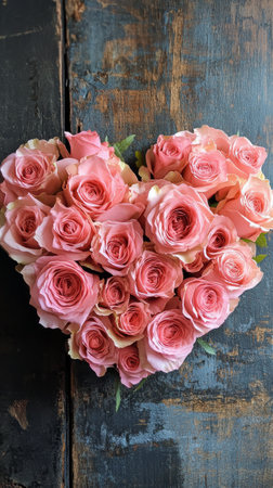 A stunning display of pink roses arranged in the shape of a heart sits on a weathered wooden surface, symbolizing love and appreciation in a simple yet elegant manner.の素材