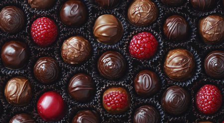A vibrant selection of beautifully crafted gourmet chocolates with various textures and flavors, arranged neatly in dark wrappers at a confectionery shop, inviting chocolate lovers to indulge.の素材