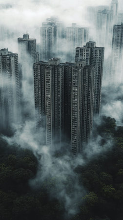 Flames erupt from the center of a residential area as smoke fills the skyline. Illuminated windows reveal the intensity of a fire in densely packed skyscrapers at dusk.の素材