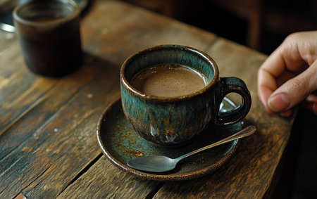 A hand is reaching for a spoon next to a warm coffee cup resting on a saucer atop a rustic wooden table, creating a relaxing moment in a cozy cafe during the afternoon.の素材