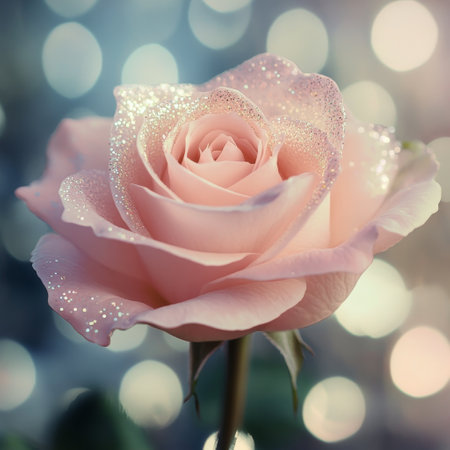 Delicate pink rose covered in shimmering droplets, set against a dreamy pastel backdrop. The scene evokes feelings of tranquility and beauty in springtime.の素材