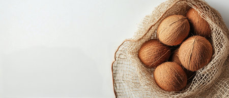 Round balls of natural fibers are arranged neatly in a burlap sack, highlighting their earthy colors and texture against a soft, light background that enhances their organic appeal.の素材