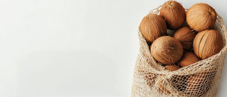 Round balls of natural fibers are arranged neatly in a burlap sack, highlighting their earthy colors and texture against a soft, light background that enhances their organic appeal.の素材