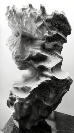 A striking sculpture rises with fluid lines and dynamic curves, crafted from a smooth, neutral material. Its monochromatic palette highlights the texture and complexity of the design.の素材