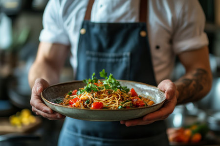 A chef presents a beautifully plated dish featuring grilled chicken and roasted vegetables in a bustling restaurant during dinner time, highlighting culinary skills and fresh ingredients.の素材