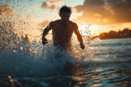 A man sprints through a body of water, creating splashes around him, surrounded by lush greenery under natural light, conveying a sense of vitality and adventureの素材