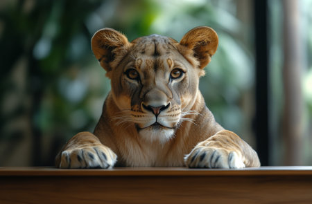 A lioness rests on a wooden ledge, showing her powerful presence with intense eyes. The dark background enhances her features, highlighting her strength in a calm wildlife environment.の素材