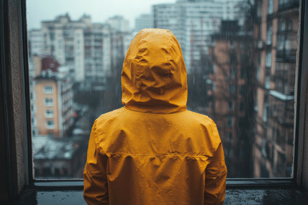 Wearing a bright yellow raincoat, a person gazes out of a large window while rain falls. The atmosphere conveys a sense of calm and introspection amidst a gloomy day in the city.の素材