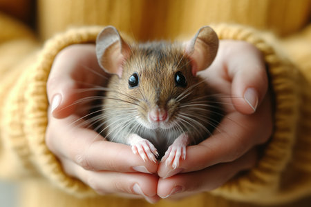 A small brown mouse is cradled in soft hands, surrounded by a warm and cozy atmosphere. The mouse looks curious with its large eyes and whiskers prominently displayed.の素材