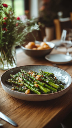 A plate of freshly cooked asparagus arranged artfully sits at the center of a wooden table, with a floral arrangement and bread rolls in the background, creating a warm atmosphere.の素材