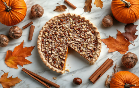 A freshly baked pumpkin pie sits on a marble countertop, surrounded by hazelnuts, cinnamon sticks, autumn leaves, and decorative pumpkins, capturing the essence of fall.の素材
