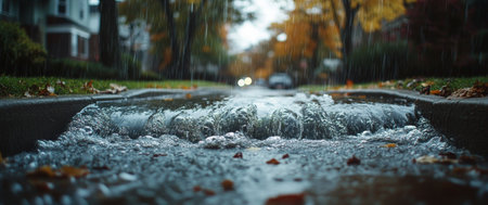 Rain covers the street, creating streams of water that carry fallen leaves. Cars pass by in the background as the environment reflects a peaceful, overcast day.の素材