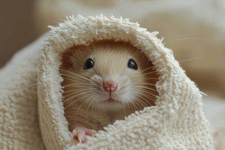 A small white mouse investigates clear laboratory containers, showcasing curiosity and agility in a bright, sterile environment typical of scientific research.の素材