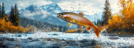 A rainbow trout jumps high from a river, creating splashes of water. Majestic mountains and vibrant autumn trees frame the beautiful natural setting under clear blue skies.の素材