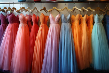 Elegant evening gowns in vibrant colors line the display in a boutique, showcasing a range of styles and fabrics designed for special occasions during a sunny summer afternoon.の素材
