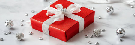 A bright red gift box featuring a silver ribbon and decorative bow sits surrounded by shimmering silver and red confetti, enhancing the festive ambiance of celebrations and holidays.の素材