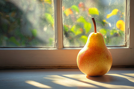 A ripe pear with a rosy blush sits alone on a wooden floor, catching soft sunlight streaming through a nearby window. The warm light creates gentle shadows.の素材