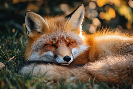 A red fox lies peacefully on a grassy area, its eyes closed and fur shining under the sunlight.の素材