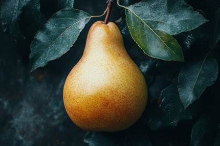 A vibrant yellow pear rests on a dark surface, decorated with two lush green leaves. The contrast highlights the pears round shape and natural beauty against the backdrop.の素材