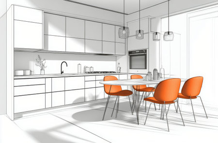 Spacious kitchen showcases a contemporary design with a stylish dining table, orange chairs, and an inviting atmosphere created by ample natural light and minimalistic decor.の素材