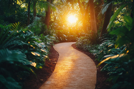 A winding brick pathway leads through a vibrant garden, surrounded by rich foliage. The warm glow of the setting sun casts gentle light on the scene, enhancing the tranquil atmosphere.の素材