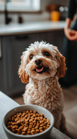 A fluffy small dog sits attentively by a bowl filled with dog food in a warm kitchen. Sunlight streams in, creating a cheerful atmosphere as the pet looks expectantly.の素材