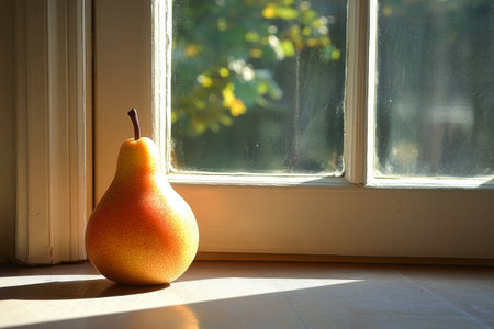 A ripe pear with a rosy blush sits alone on a wooden floor, catching soft sunlight streaming through a nearby window. The warm light creates gentle shadows.の素材