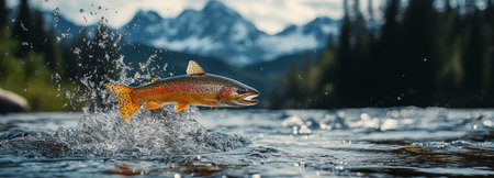 A rainbow trout jumps high from a river, creating splashes of water. Majestic mountains and vibrant autumn trees frame the beautiful natural setting under clear blue skies.の素材