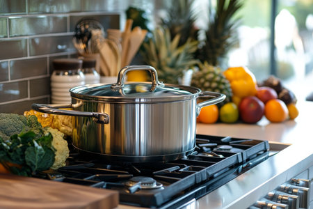 A stainless steel pot sits on a gas stove in a contemporary kitchen, with colorful vegetables like peppers, tomatoes, and herbs arranged nearby, showcasing a vibrant cooking environment.の素材