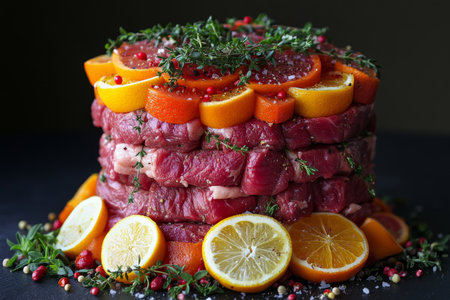 A striking meat tower is artistically arranged with layers of beef, topped with bright citrus slices and fresh herbs, creating an impressive culinary display perfect for special occasions.の素材