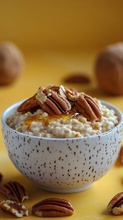 A bowl filled with creamy oatmeal topped with pecans and a drizzle of honey sits on a bright yellow surface. The contrast of textures and colors creates an inviting breakfast scene.の素材