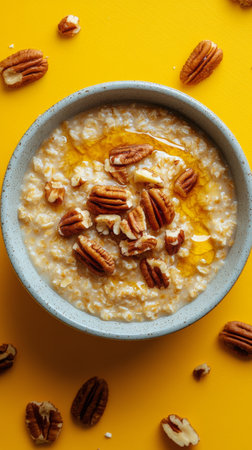 A bowl filled with creamy oatmeal topped with pecans and a drizzle of honey sits on a bright yellow surface. The contrast of textures and colors creates an inviting breakfast scene.の素材