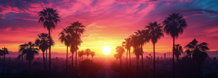 Bright colors fill the sky as the sun sets behind palm trees, creating a breathtaking view. The mixture of pink, orange, and purple hues enhances the evening atmosphere over the city.の素材