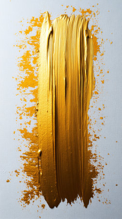 A bright golden paint stroke with a smooth texture is applied to a white surface, showing rich color and artistic flair. Ideal for creative backgrounds and design inspiration.の素材