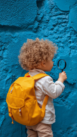 A curious child with curly hair examines a bright blue wall while holding a magnifying glass. The child wears a cozy jacket and an orange backpack, showing a sense of adventure.の素材