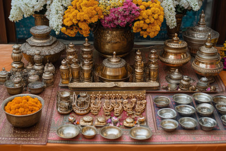 A beautifully arranged altar showcases intricate jewelry, decorative items, and colorful flowers, illuminating a cultural celebration. The warm hues create a lively atmosphere.の素材